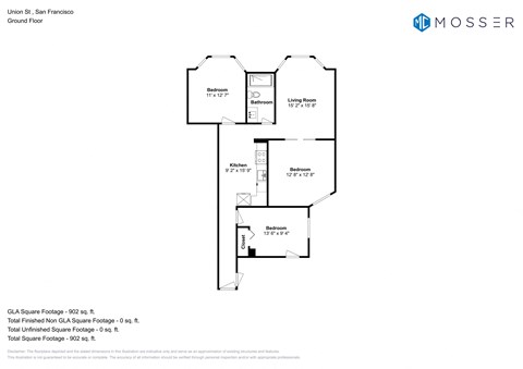 Floor plan for 3 beds, 1 bath, 868 sqft